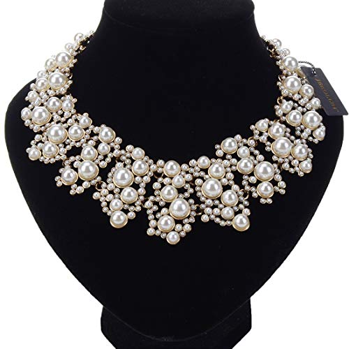 Jerollin Crystal Rhinestone/Pearl Statement Chain Necklace, Vintage Choker Bib Pendant Necklace Bohemian Bling Tassel Collar Statement Necklace for Evening Party - color: White
