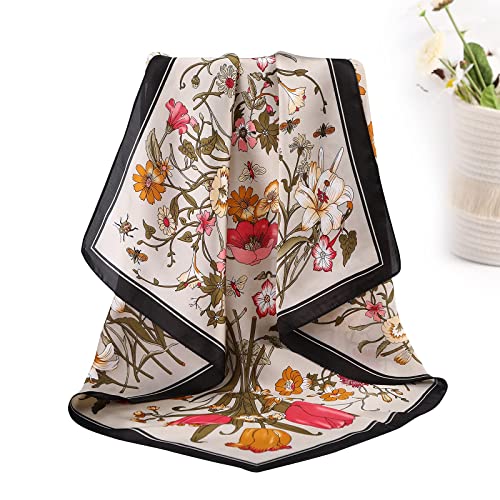 AWAYTR 27.5” Silk Satin Square Head Scarf - 4PCS Satin Head Scarves for Women Hair Kerchief Bandanas Sleeping Head Wraps - color: Print (Black/Gray/Coffee/Cyan)