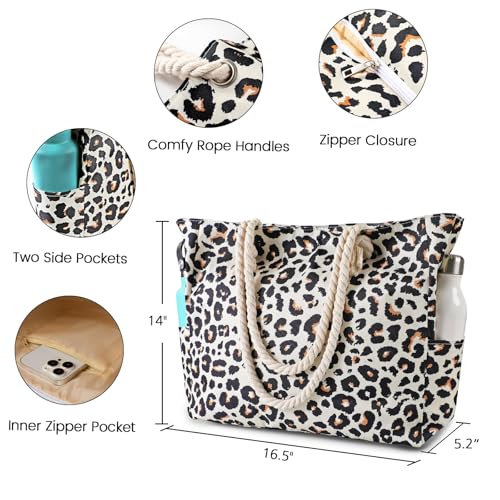 Clothirily Beach Bag for Women - Large Beach Tote Bag, Waterproof Sandproof Beach Bag with Zipper, Large Swim Pool Beach Tote - color: Leopard Print