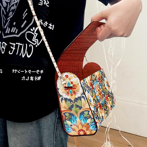 C'eitura Floral Diamond Art Wooden Clutch with Chain, DIY 5D Rhinestone Shoulder Bag, Elegant Botanical Purse, Wedding Gift for Women - color: Skb205