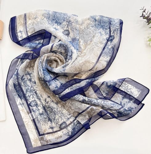MINIDORA Lightweight Scarves for Women Elegant Floral Pattern Scarf Shawls Sunscreen Head Shawls - color: Style 14-navy Blue