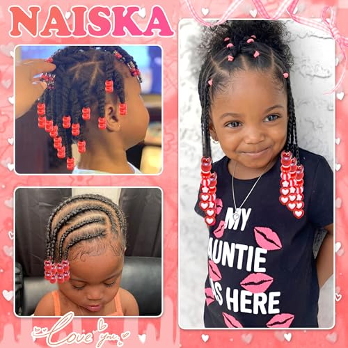 NAISKA 100PCS Red Valentines Hair Beads 10 Styles Loc Jewelry Heart Dreadlock Beads Cute Pony Bead Valentine's Day Braids Accessories for Kids Girls - color: Red