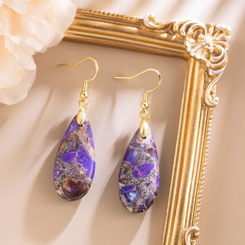 Stone Drop Earrings for Women Earrings Teardrop Jasper Stone Dangle Earrings - color: Brownish Purple-Golden Hook