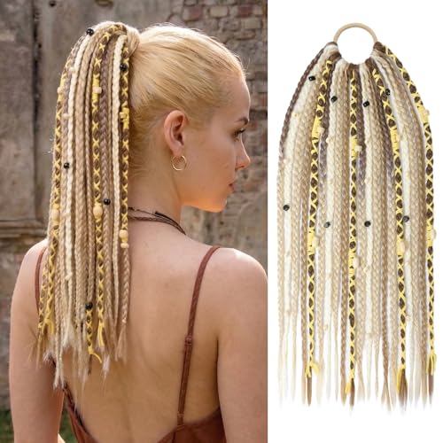 SEIKEA Boho Braided Ponytail Extension on Hair Tie, 16" Full Volume Lightweight Viking Dreadlock Ponytail Braid in Dreadlock Extensions with Beads and Shells, Festival Hair Accessories for Women Girls - color: Sun-Kissed Sandy Blonde