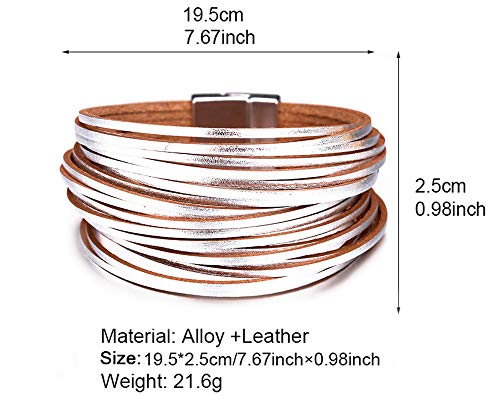 Fesciory Leather Wrap Bracelets for Women, Boho Leopard Multi-Layer Crystal Beads Cuff Bracelet Jewelry - color: B13:Short Silver