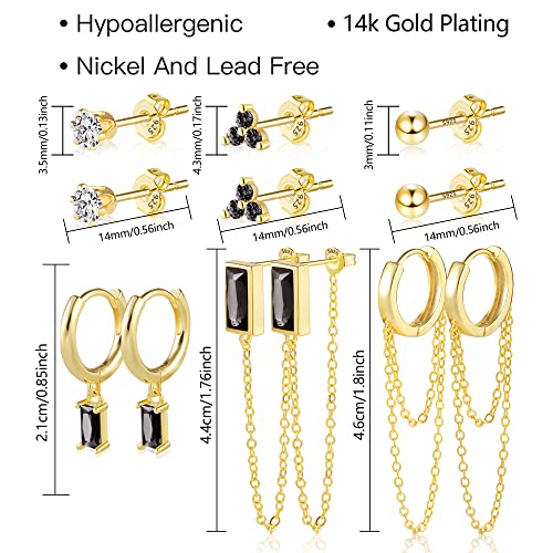 BOUTIQUELOVIN 14K Gold Stud Earrings Set for Women, for Multiple Piercing Silver Plated Studs Earrings and Zirconia Earring Set Small Huggie Hoop Chain Earing - color: 6Pairs Black