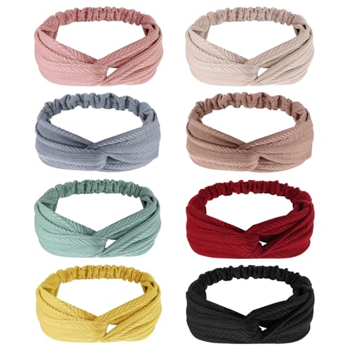 AQOKKA Elastic Knotted Headbands for Women Wheat Pattern Cloth Head Hair Bands for Women's Hair Non Slip Boho Wrap Twisted Hair Accessories - color: 8 Pack Cross Wheat-pattern Elastic Band DD