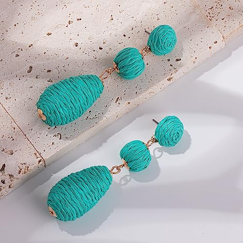 Boho Raffia Earrings Statement Dangle Earrings Cute Teardrop Ball Earrings Colorful Summer Jewelry Handmade Rattan Earrings for Women - color: Teal