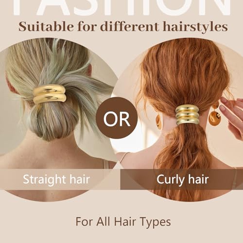3PCS Gold Hair Ties, Metal Hair Ties for Thick Hair, Elegant Durable Geometric Design, Gold Hair Accessories Stretchy and Non-Damage Ponytail Holders - color: Gold Set 04