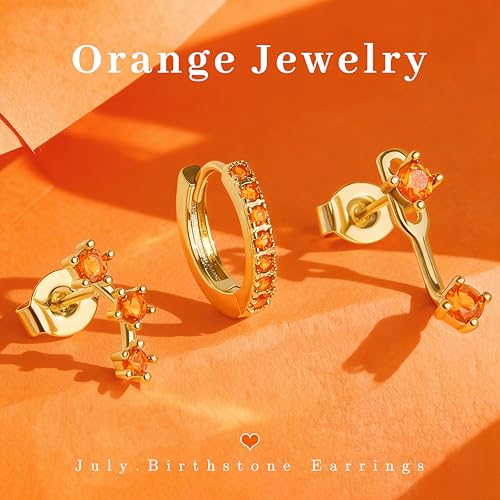 3 Pairs Dainty Small 4th of July Earrings for Women Trendy, Birthstone Stud Huggie Hoop Jacket Stack for Cartilage Helix, Gold Plated Hypoallergenic Cute Women Fashion Accessories Western Jewelry Gifts - color: 07Orange-July (Gold)