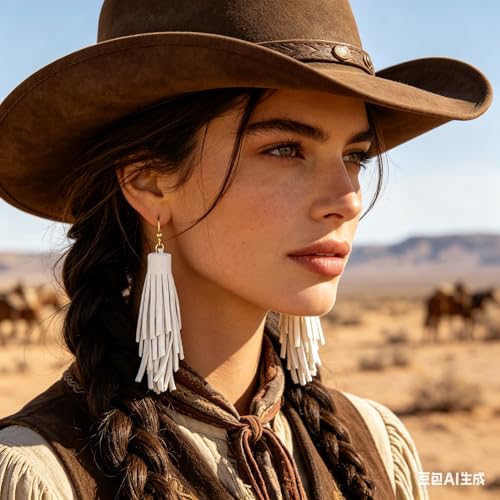 Fringe Leather Earrrings Triangle Deerskin Leather Boho Western Statement Dangel Earrings for Women - color: White Tassels