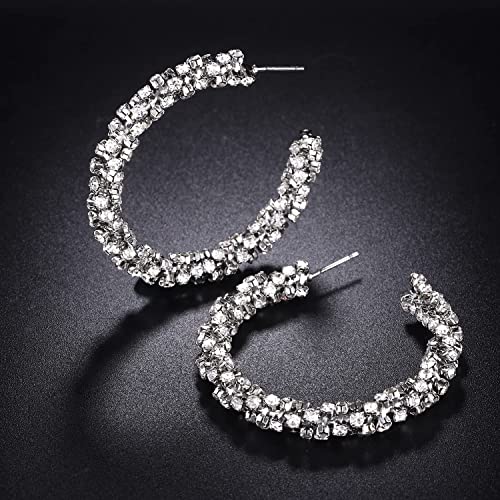Rhinestone Hoop Earring for Women Sparkly Crystal Wrapped Hoop Dangle Earrings Statement Boho Gold Black Plated CZ Hoop Earring - color: B1: Silver
