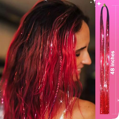 NIACONN Glitter Hair Tinsel Extensions Kit Red with Tools and Beads, 48 Inch Sparkly Fairy Colorful Tensile Strands Shiny Hair Accessories for Women Girls Kids - color: Red