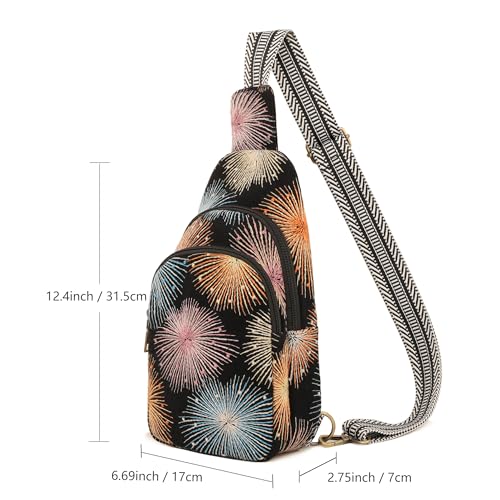 SILKAREA Canvas Sling Bag for Wome Crossbody Purse Small Sling Backpack Purse Travel Hiking Chest Bag Daypack - color: Embroidered Fireworks Black