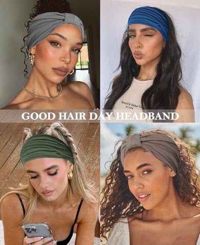 Artilady 7" Wide Headbands for Women Extra Large Stretchy Headwrap Soft Elastic Non Slip Head Bands Sports Yoga Running Hair Bands Boho Turban Hair Accessories 6 PCS - color: Solid color 2