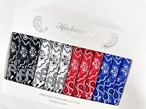 Bandanas Gift Set 12 Pack Soft Thin Handfeel Cotton Bandanna Scarf for men - color: Black&red&white&blue