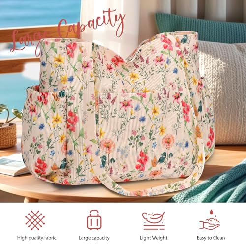 Corduroy Tote Bag for Women,Large Capacity Cute Tote Bags With 6 Pockets,Crossbody Shoulder Handbag for Work Travel Gym - color: Retro Flowers