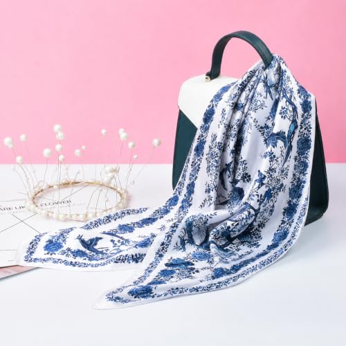 Stlvoll 100% Silk Head Scarf for Women - 27" Hair Scarves Satin Bandanas Square for Night Sleeping with Gift Packed - color: Flower/Navy Blue