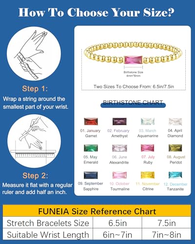 FUNEIA Birthstone Gold Beaded Bracelets for Women Non Tarnish Trendy Dainty 14K Gold Plated Cute Stackable Bead Stretch Friendship Bracelet Stack for Best Friend Couples Birthday Gifts Jewelry - color: 07. July(Ruby Bracelet), size: 7.5 Inches