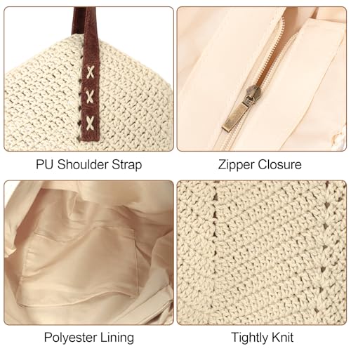 Peicees Crochet Woven Bag with Leak-Proof Lining for Women- Small Beach Purse Boho Shoulder Bag Summer Vacation Travel - color: Beige
