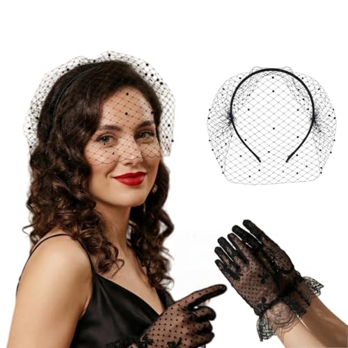 20s 50s Black Funeral Birdcage Veil Fascinator Hats, Vintage Lace Mesh Headband Hair Clip Headwear and Short Floral Lace Gloves for Women for Wedding Cocktail Tea Party Church Birthdays