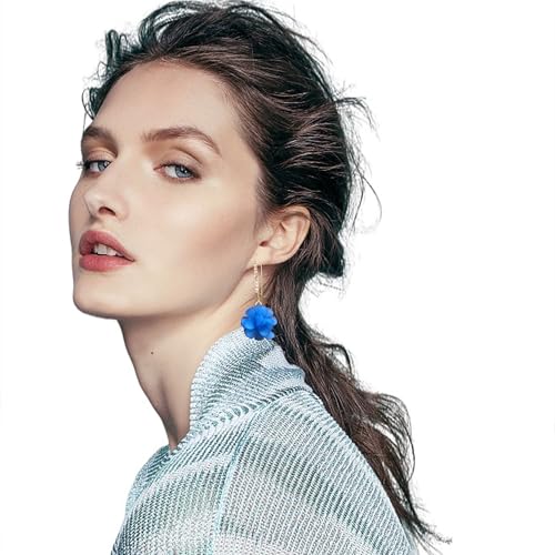 Boho Flower Dangle Earrings for Women Long Drop Resin Acrylic Tiered Petal Statement Earrings Handmade Lightweight Vintage Floral Chunky Drop Jewelry - color: Blue