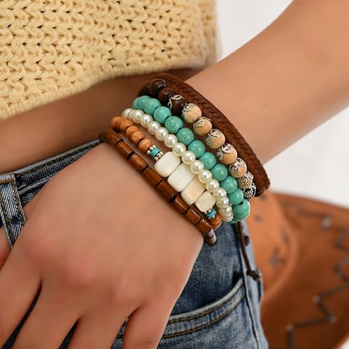Long tiantian Western Turquoise Beaded Bracelet Set for Women Stackable Cowgirl Bracelets Boho Concho Jewelry Country Concert Rodeo Outfit Accessories Gifts - color: E2:western wooden dress