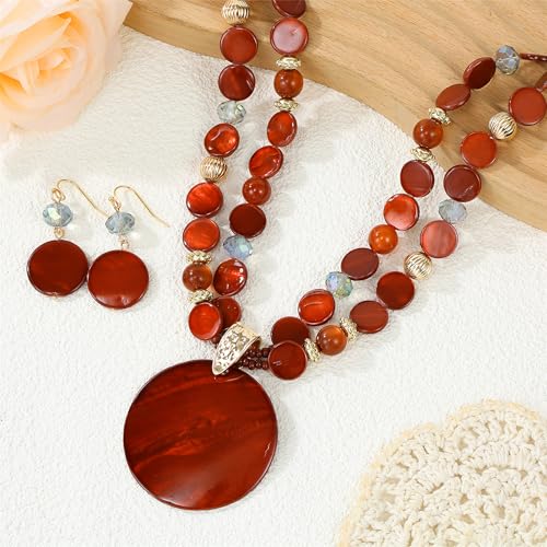 Layered Beads Statement Fashion Necklace Chunky Jewelry Set Big Colorful Glass Stone Circle Shell Pendant Choker Necklace and Earring Set for Women - color: burnt orange
