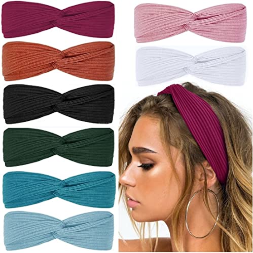 Huachi Headbands for Women Twist Knotted Boho Stretchy Hair Bands for Girls Criss Cross Turban Plain Headwrap Yoga Workout Vintage Hair Accessories, Solid Color, 8Pcs - color: Retro-Beloved