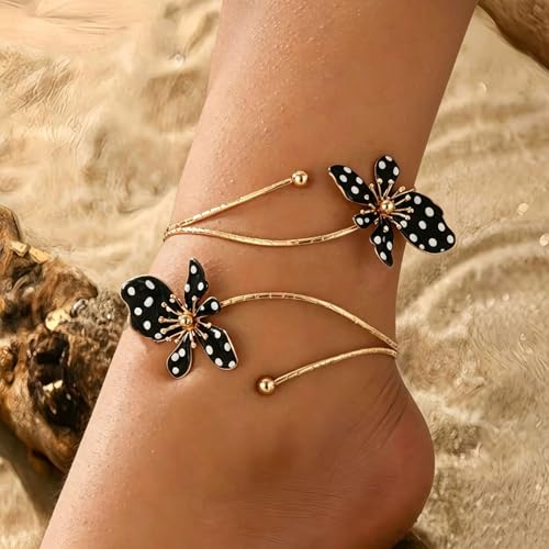 Flower Arm Cuff Bracelets for Women Adjustable Gold Upper ArmBand Jewelry Boho Floral Open Wrap Statement Bangle Bracelet Arm Cuff Jewelry Gifts for Women - color: Black polka dots