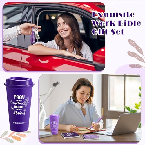 Skylety 12 Set/ 48 Pcs Christian Gifts for Women Men Religious Gift Set 16 oz Bible Scripture Cups with Lids Mini Spiral Notebooks Pens Keychains for Mother Father Birthday(Purple Gradient) - color: Purple Gradient