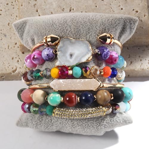 Yomisa 5PCS 6PCS Natural Boho Beaded Bracelets/Bangle for Women Men,Healing Turquoise Jasper Agate Crystal Gemstone Stone Chakra Multilayer Wrap Bohemian Handmade Jewelry Beads Stretch Bracelet Set - color: 6PCS-Colorful