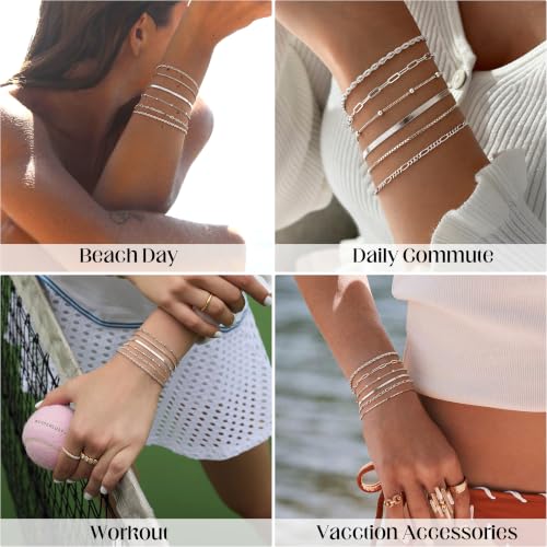 DEARMAY Sterling Silver Plated Bracelets Set for Women Waterproof, Non Tarnish Sterling Silver Link Chain Bracelets Pack Dainty, Fashion Jewelry Gifts for Everyday Comfortable - color: 6Pcs Silver Bracelet A