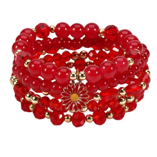 LOTSOF Boho Flower Beaded Bracelet Set for Women - Multilayer Crystal & Flower Charm Stackable Bracelets, Fashion Jewelry Gift for Her - color: Red