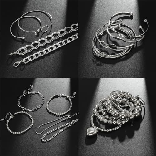 IFKM Gold Chain Bracelets Set for Women, 14K Gold Plated Multiple Layered Stackable Open Cuff Bangle Bracelet Anklet Bracelets Adjustable Link Tennis Beads Italian Cuban Jewelry for Women Gift - style: 28PCS Set