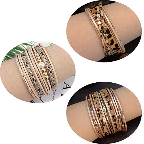Wowanoo 3Pack Leather Cuff Bracelet Set Multilayer Wrap Bracelet Crystal Feather Tree Bracelet Magnetic Clasp Bracelet for Women - color: LeopardSnake