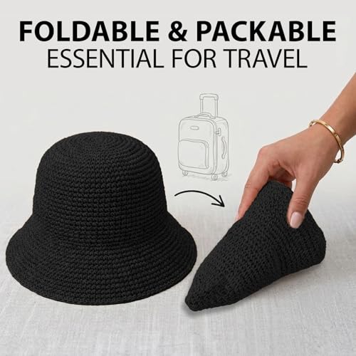 Straw Bucket Hat for Women Foldable Summer Beach Sun Hats Wide Brim Crochet Floppy Hat for Vacation Travel Shade & Style - color: Black-a