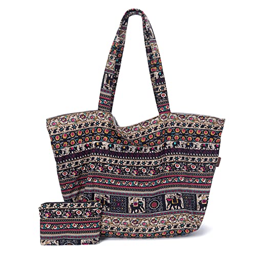 OPQRSTU Women Hippie Tote Hand Bag Large Capacity Bohemian Bag Portable Tourist Shoulder Bags - color: Brown