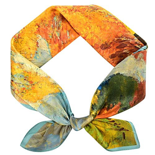 Stlvoll 100% Silk Head Scarf for Women - 27" Hair Scarves Satin Bandanas Square for Night Sleeping with Gift Packed - color: Yellow/Oil Painting