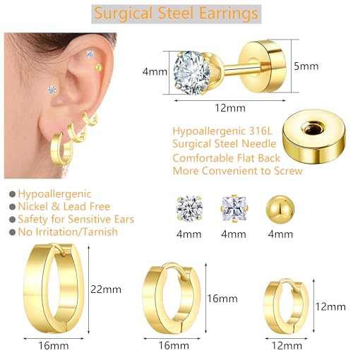Silver Gold Plated Surgical Steel Flat Back Earrings for Women Hypoallergenic 14K Gold Plated Stud Huggie Earring Set Fashion Shell Cubic Zirconia Flatback Studs Cartilage Earrings Pack for Multiple Piercing 5/8Pairs - color: 6 Pairs Gold Plated Hoop Flat