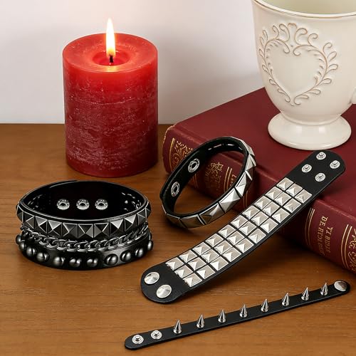 Handmade Black Leather Wrap Studded Bracelets for Women Men, 4Pcs Vintage Punk Wrist Cuff Bangle Wristband Emo Jewelry Gifts - style: Square Stud Style