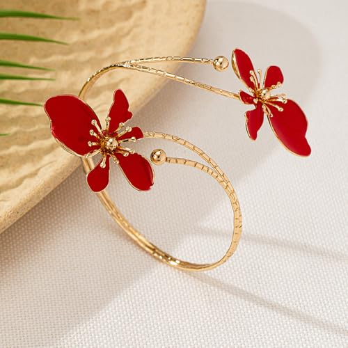 Flower Arm Cuff Bracelets for Women Adjustable Gold Upper ArmBand Jewelry Boho Floral Open Wrap Statement Bangle Bracelet Arm Cuff Jewelry Gifts for Women - color: Red