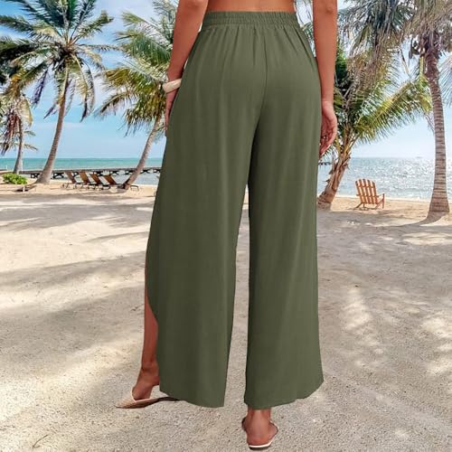 Wide Leg Tie Belted Linen Capri Pants for Women Casual High Waist Irregular Split Hem Palazzo Cropped Trousers - color: Army Green, size: XX-Large