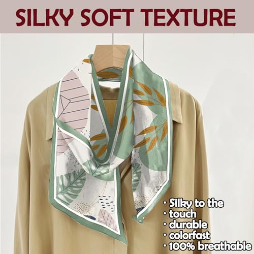 Hair Head Scarf Silk Feeling Long Satin Neck Satin Scarves for Handbag Cute Aesthetic Decoration Women Girls 59 * 6.7” - color: Y20-leaf