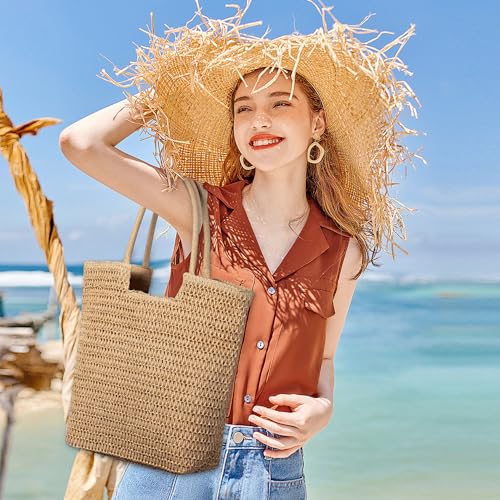 WantGor Straw Beach Bags, Women Summer Woven Tote Bag Large Boho Shoulder Handbags Casual Travel Beach Bag Foldable Hobo Bags - color: Khaki