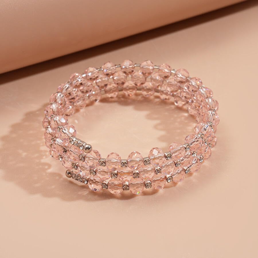 Caiyao Bohemia Multilayer Glass Beaded Charm Bracelets Handmade Resin Beads Stackable Wrap Bracelet Layered Open Cuff Bnagles for Women Holiday Vacation Boho Jewelry Gifts - color: Pink