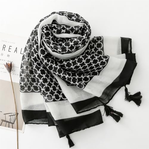 WaJuemy Travel Boho Scarf for Women Casual Lightweight Pashmina Scarves Fashion Multicolor Shawl Wraps with Fringed Beads - color: 05 Black/White Plaid