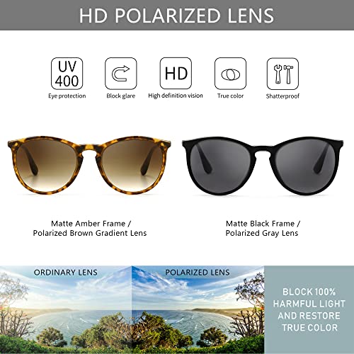 SUNGAIT Premium Vintage Round Sunglasses for Women Men Classic Retro Trendy Style - color: 2 Pack (Polarized): Matte Black/Gray+matte Amber/Brown Gradient