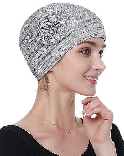 Alnorm Flower Design Chemo Hair Loss Caps Cancer Headwear for Women - color: Light Hemp Grey
