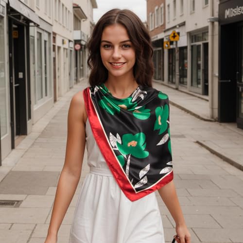 RIIQIICHY Head Scarf for Women Like Silk Scarf Hair Scarf Printed Square Scarf Bandanas for Women 35 Inches - color: Black/Red/Green/Gold